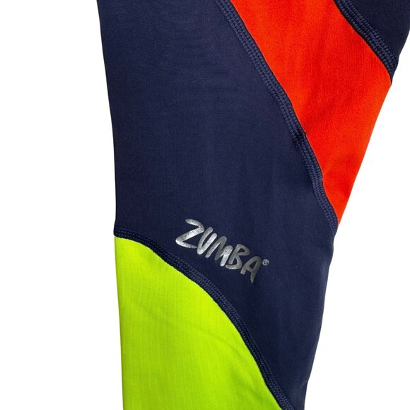 Zumba We Ar Marvelous Colorblock Navy‎ Leggings Neon Yellow and Orange Sz M - Picture 7 of 10